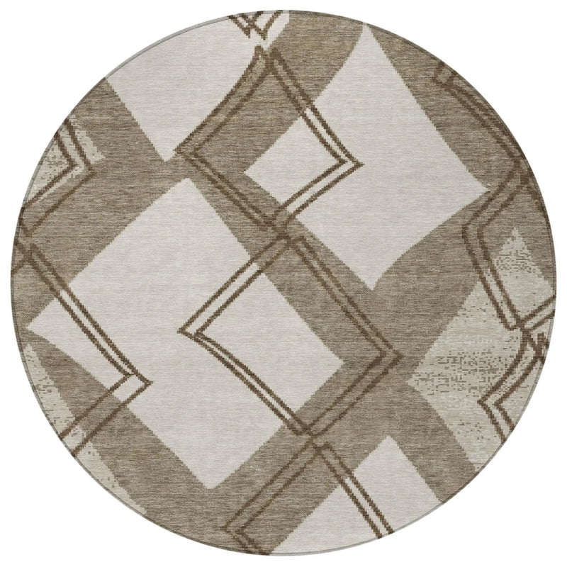 8' Linen And Ivory Round Geometric Washable Indoor Outdoor Area Rug Homeroots Outdoor
