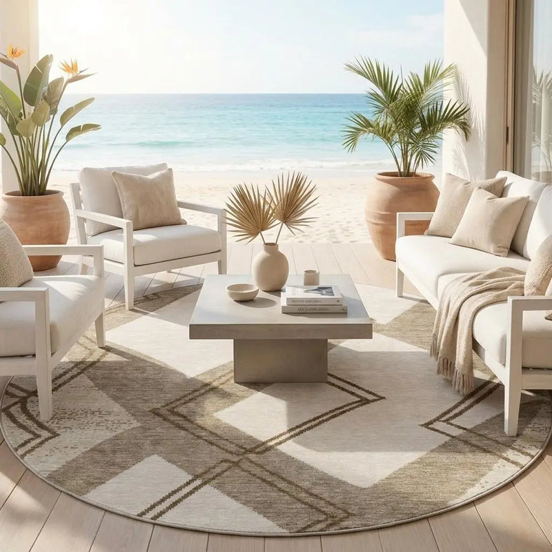 8' Linen And Ivory Round Geometric Washable Indoor Outdoor Area Rug Homeroots Outdoor