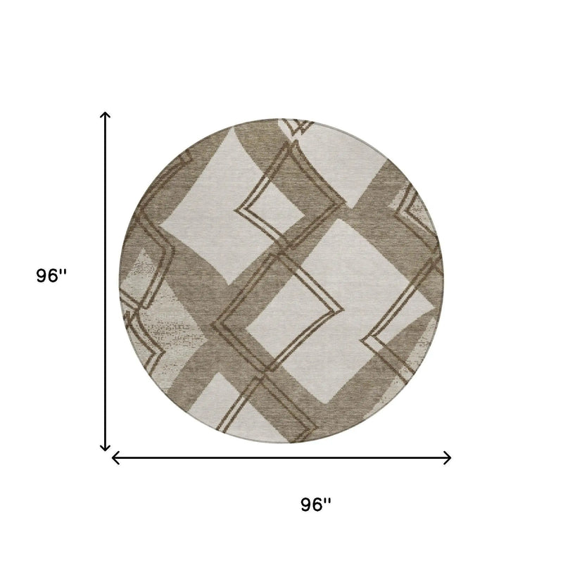8' Linen And Ivory Round Geometric Washable Indoor Outdoor Area Rug Homeroots Outdoor