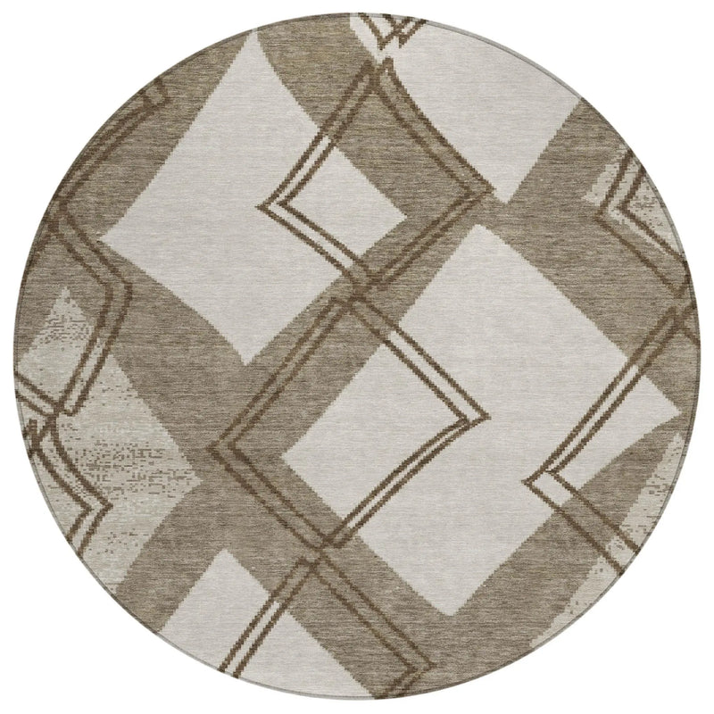 8' Linen And Ivory Round Geometric Washable Indoor Outdoor Area Rug Homeroots Outdoor