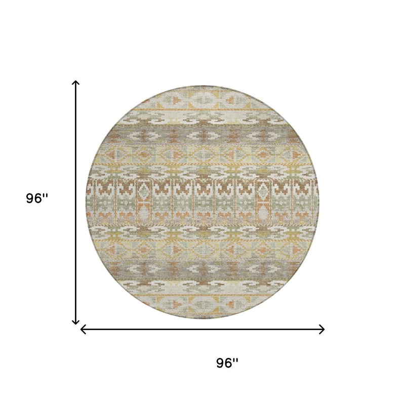8' Linen And Ivory Round Geometric Washable Indoor Outdoor Area Rug Homeroots Outdoor