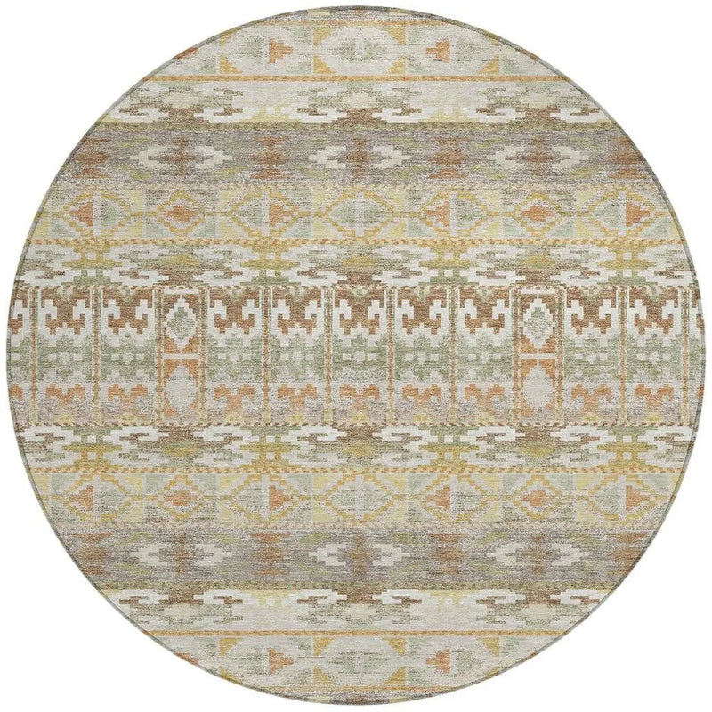 8' Linen And Ivory Round Geometric Washable Indoor Outdoor Area Rug Homeroots Outdoor