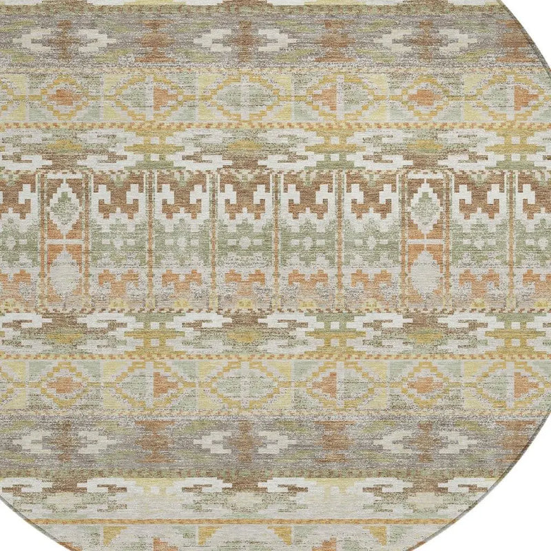 8' Linen And Ivory Round Geometric Washable Indoor Outdoor Area Rug Homeroots Outdoor