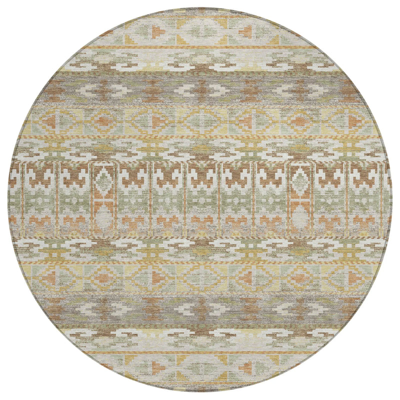 8' Linen And Ivory Round Geometric Washable Indoor Outdoor Area Rug Homeroots Outdoor