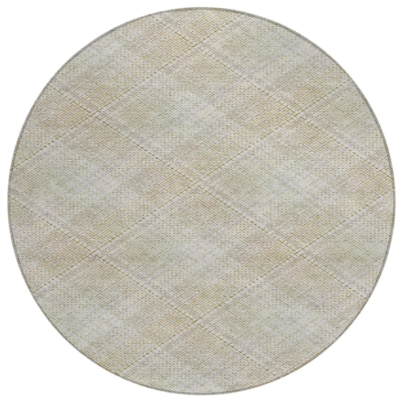 8' Linen And Ivory Round Plaid Washable Indoor Outdoor Area Rug Homeroots Outdoor