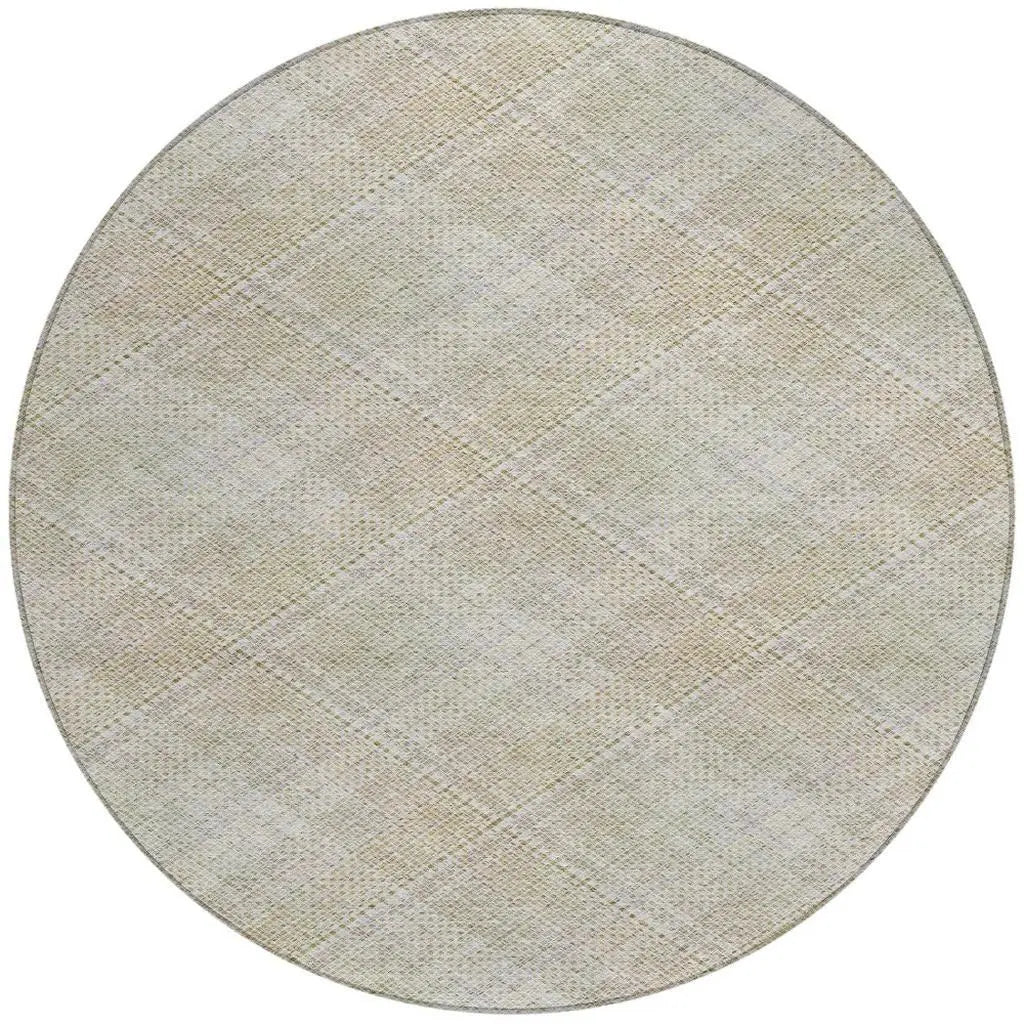 8' Linen And Ivory Round Plaid Washable Indoor Outdoor Area Rug Homeroots Outdoor