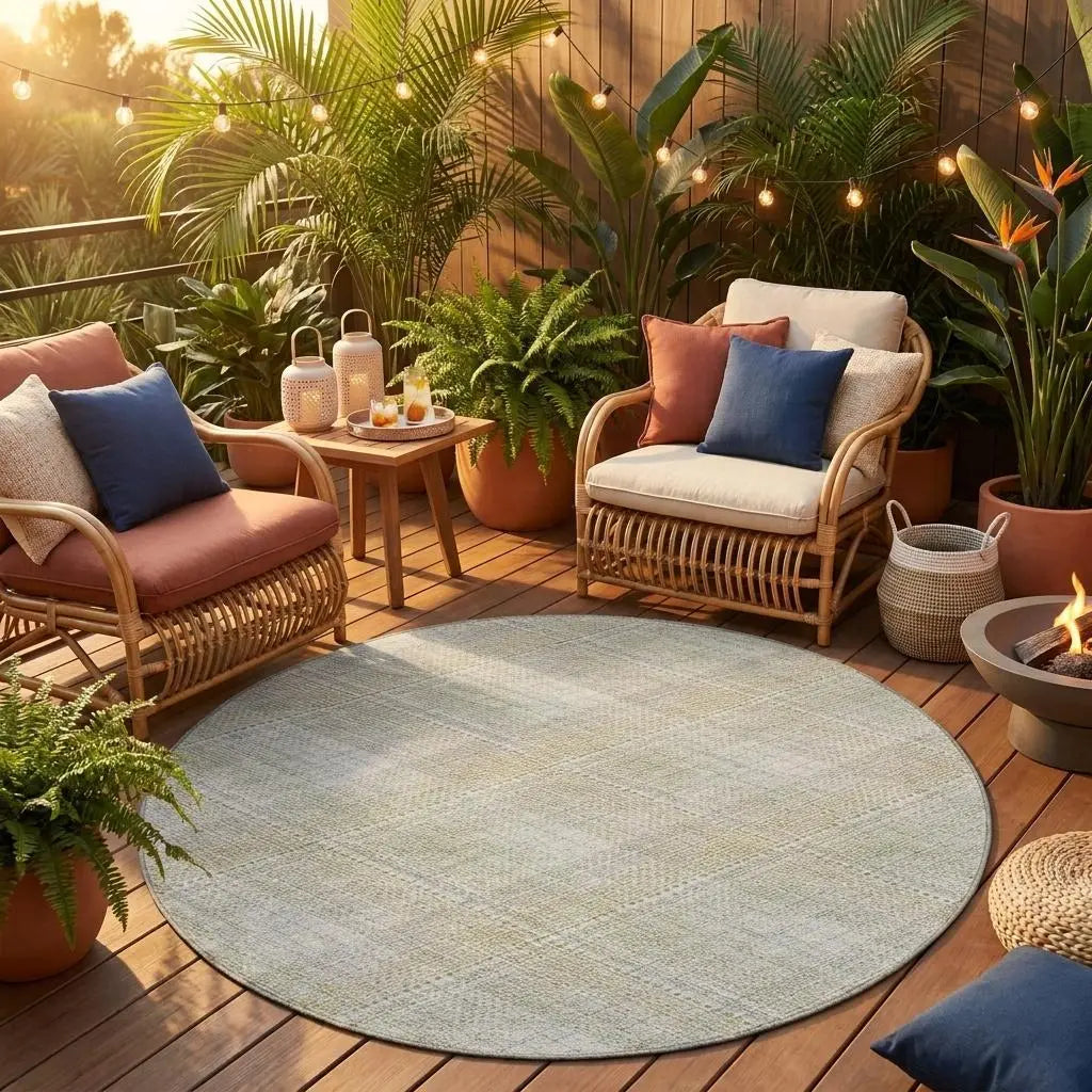 8' Linen And Ivory Round Plaid Washable Indoor Outdoor Area Rug Homeroots Outdoor