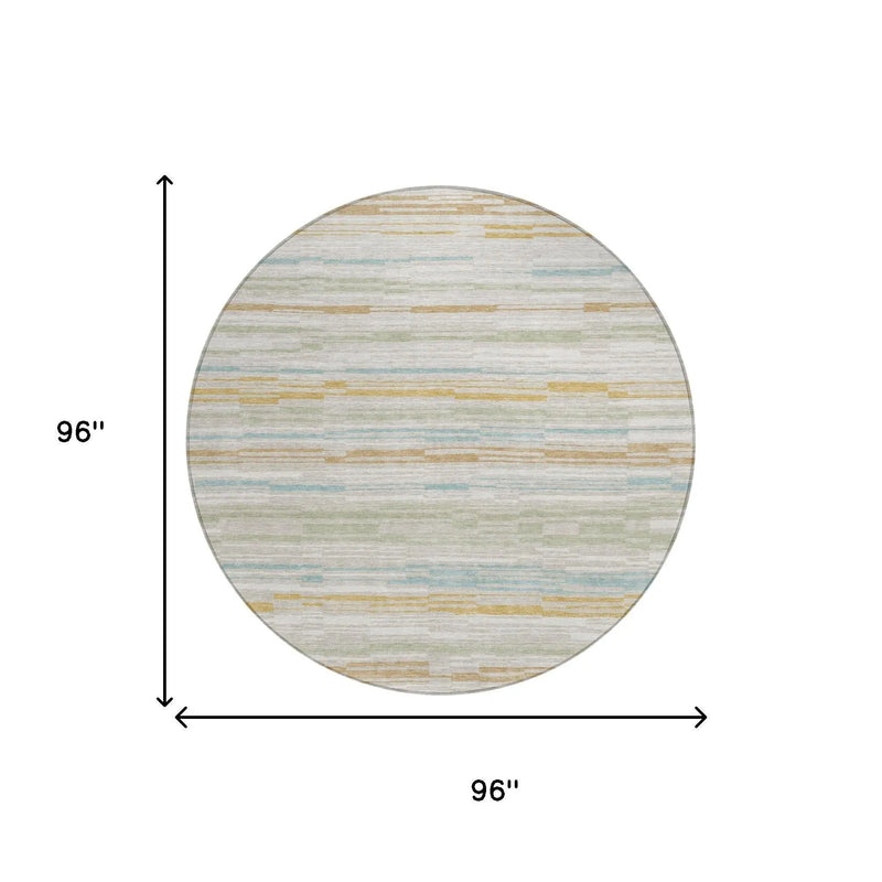 8' Linen And Ivory Round Striped Washable Indoor Outdoor Area Rug Homeroots Outdoor