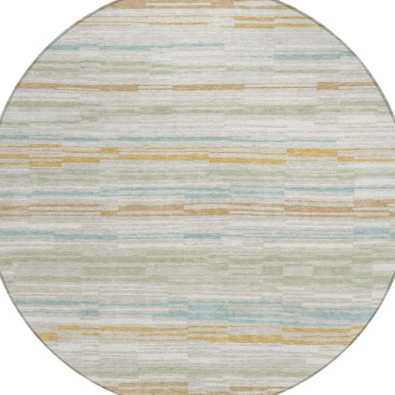 8' Linen And Ivory Round Striped Washable Indoor Outdoor Area Rug Homeroots Outdoor