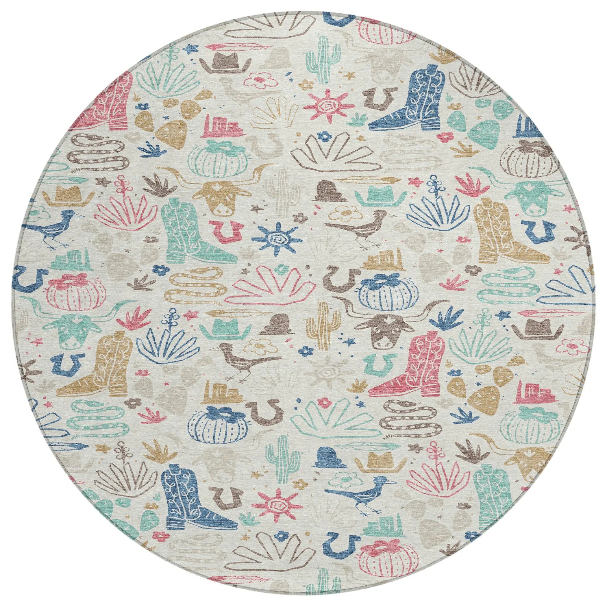 8' Linen And Pink Round Cactus Washable Indoor Outdoor Area Rug Homeroots Outdoor