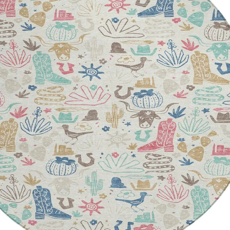 8' Linen And Pink Round Cactus Washable Indoor Outdoor Area Rug Homeroots Outdoor