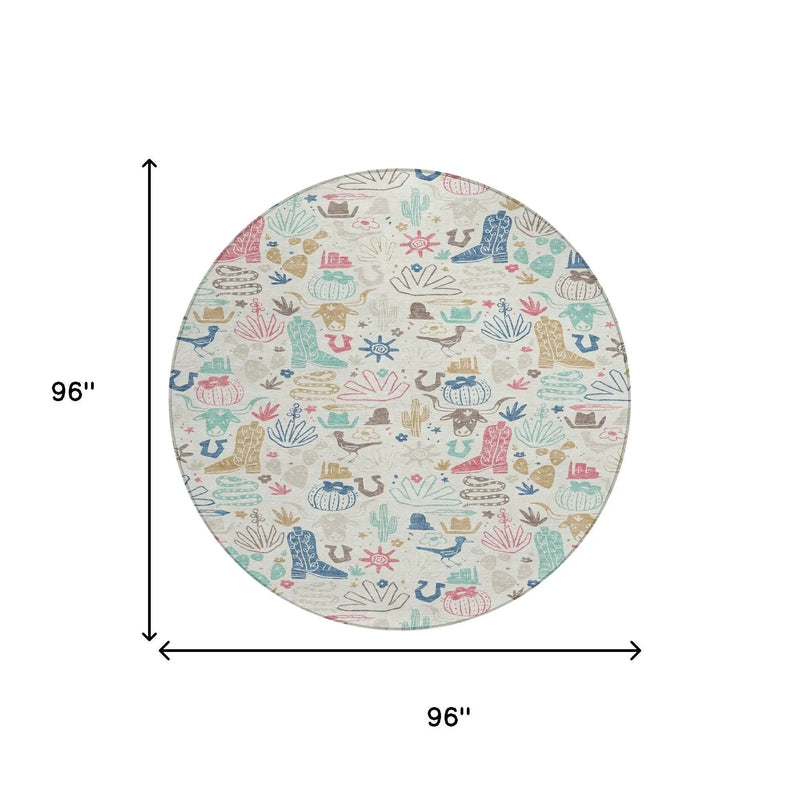 8' Linen And Pink Round Cactus Washable Indoor Outdoor Area Rug Homeroots Outdoor