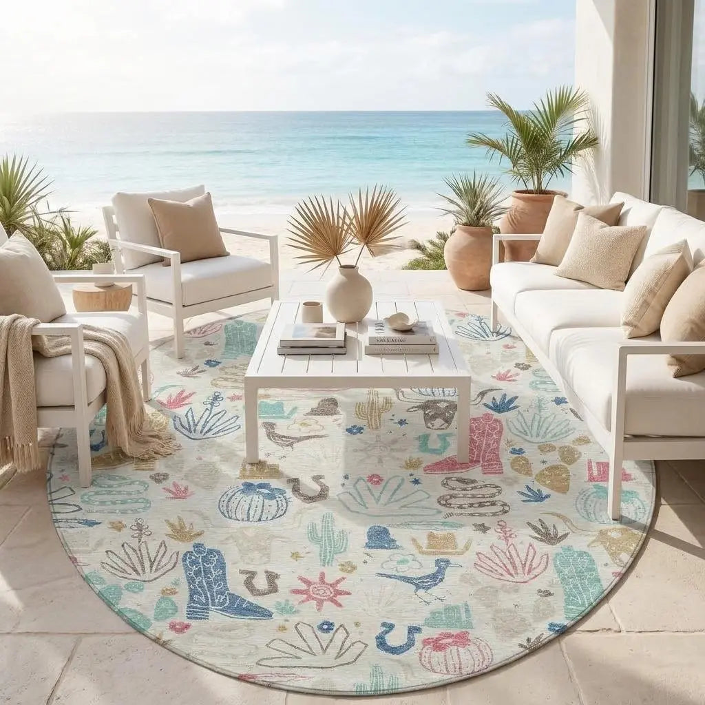 8' Linen And Pink Round Cactus Washable Indoor Outdoor Area Rug Homeroots Outdoor