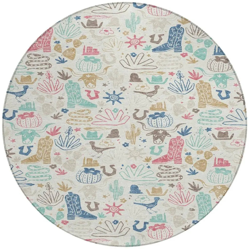 8' Linen And Pink Round Cactus Washable Indoor Outdoor Area Rug Homeroots Outdoor