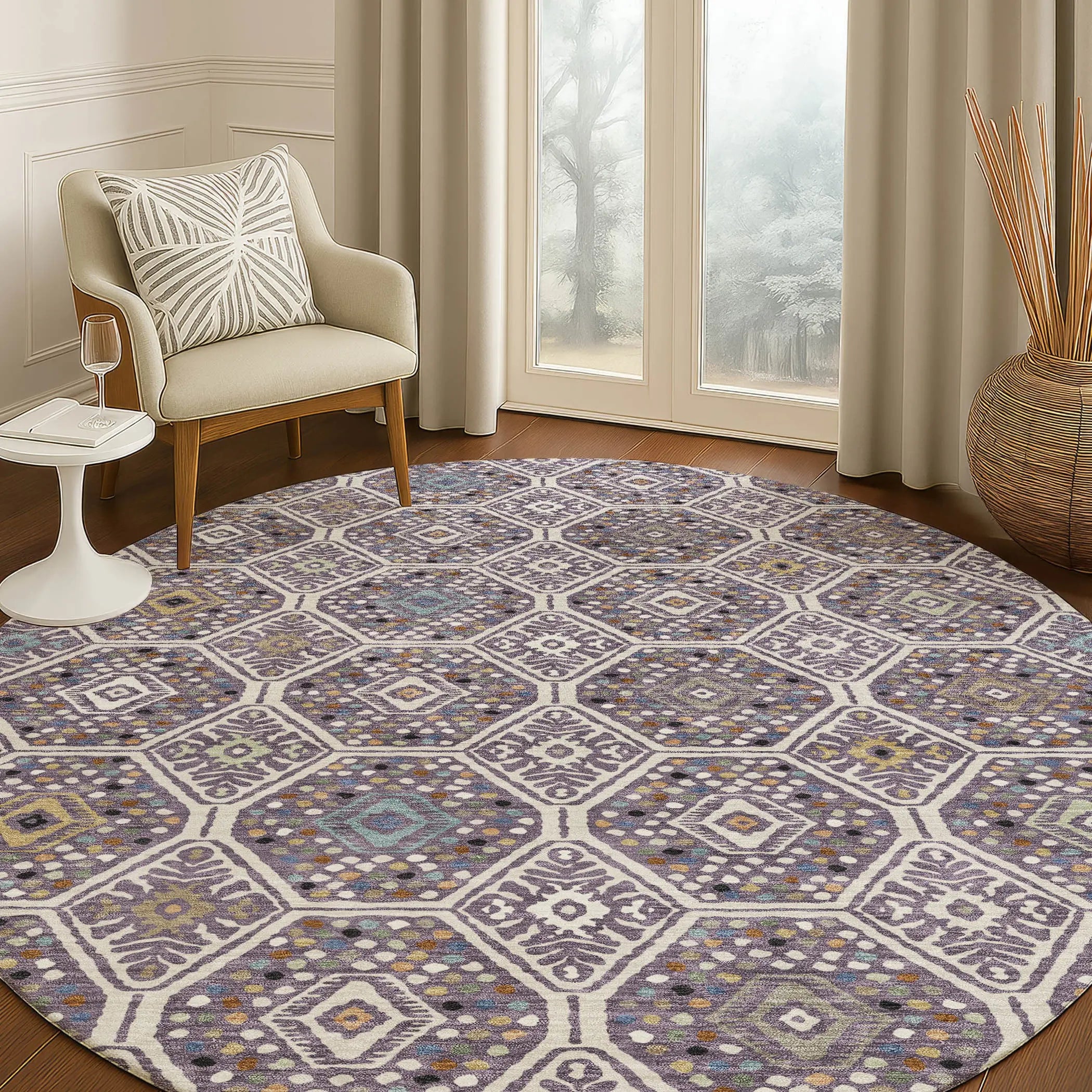 8' Linen And Plum Round Geometric Washable Indoor Outdoor Area Rug Homeroots Outdoor