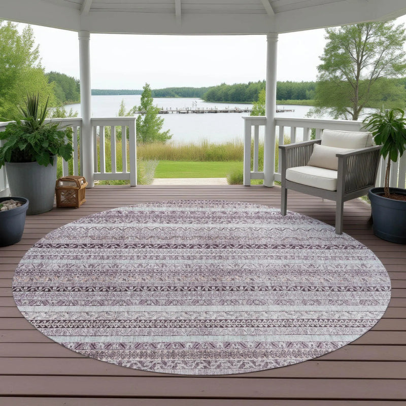 8' Mauve And Pink Round Striped Washable Indoor Outdoor Area Rug Homeroots Outdoor