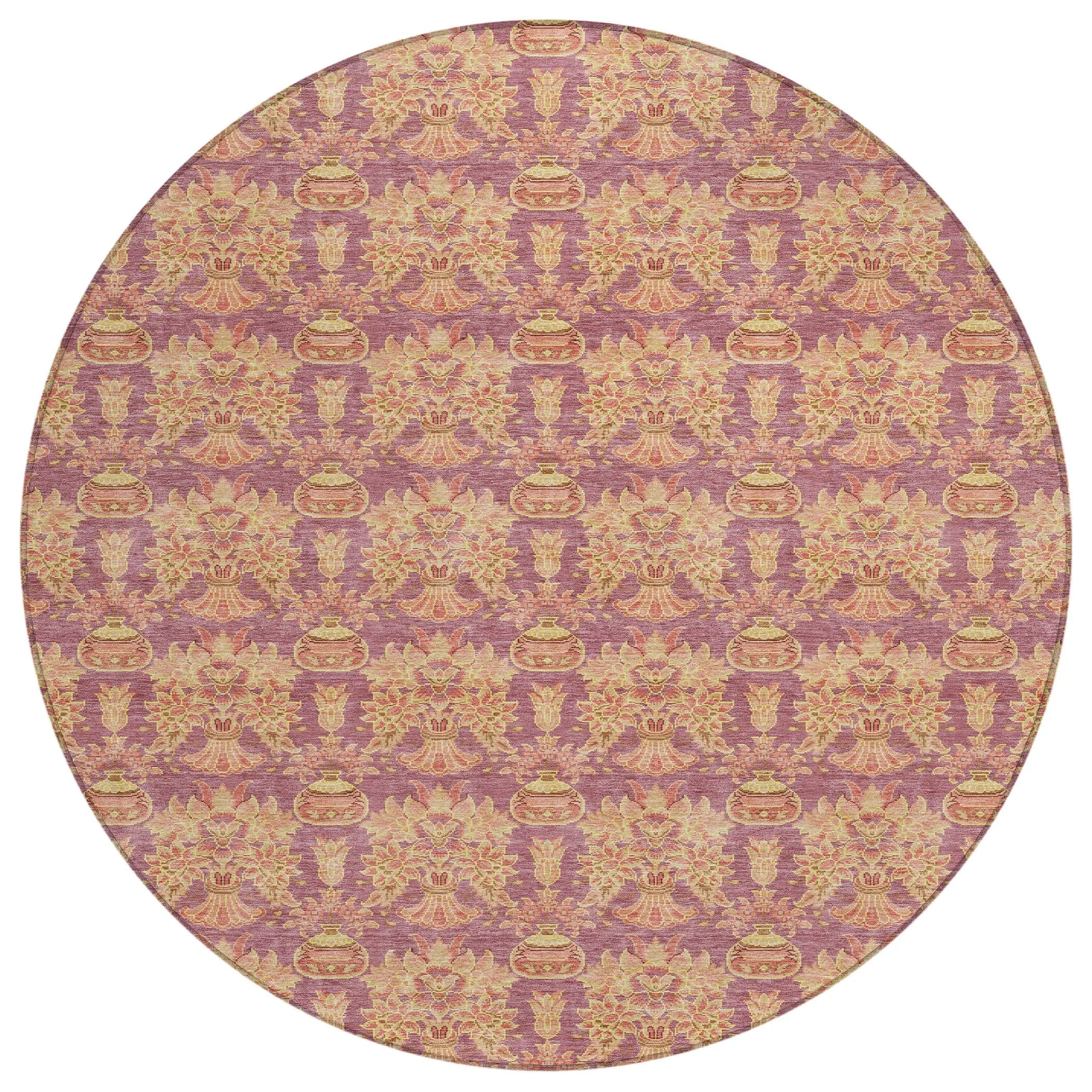 8' Mauve And Taupe Round Floral Washable Indoor Outdoor Area Rug Homeroots Outdoor