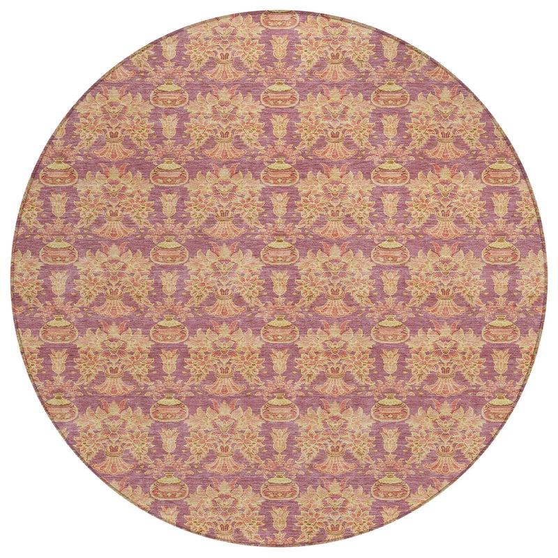 8' Mauve And Taupe Round Floral Washable Indoor Outdoor Area Rug Homeroots Outdoor