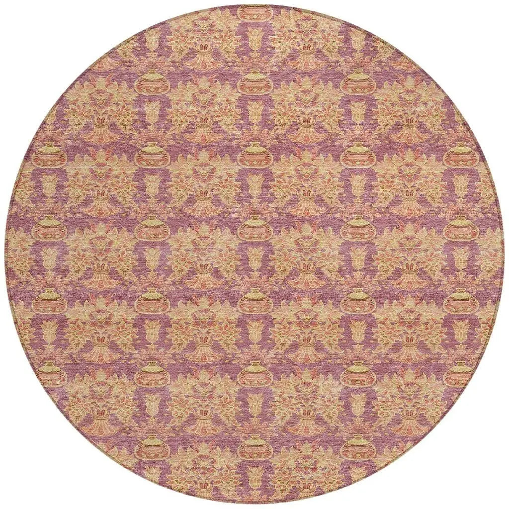 8' Mauve And Taupe Round Floral Washable Indoor Outdoor Area Rug Homeroots Outdoor