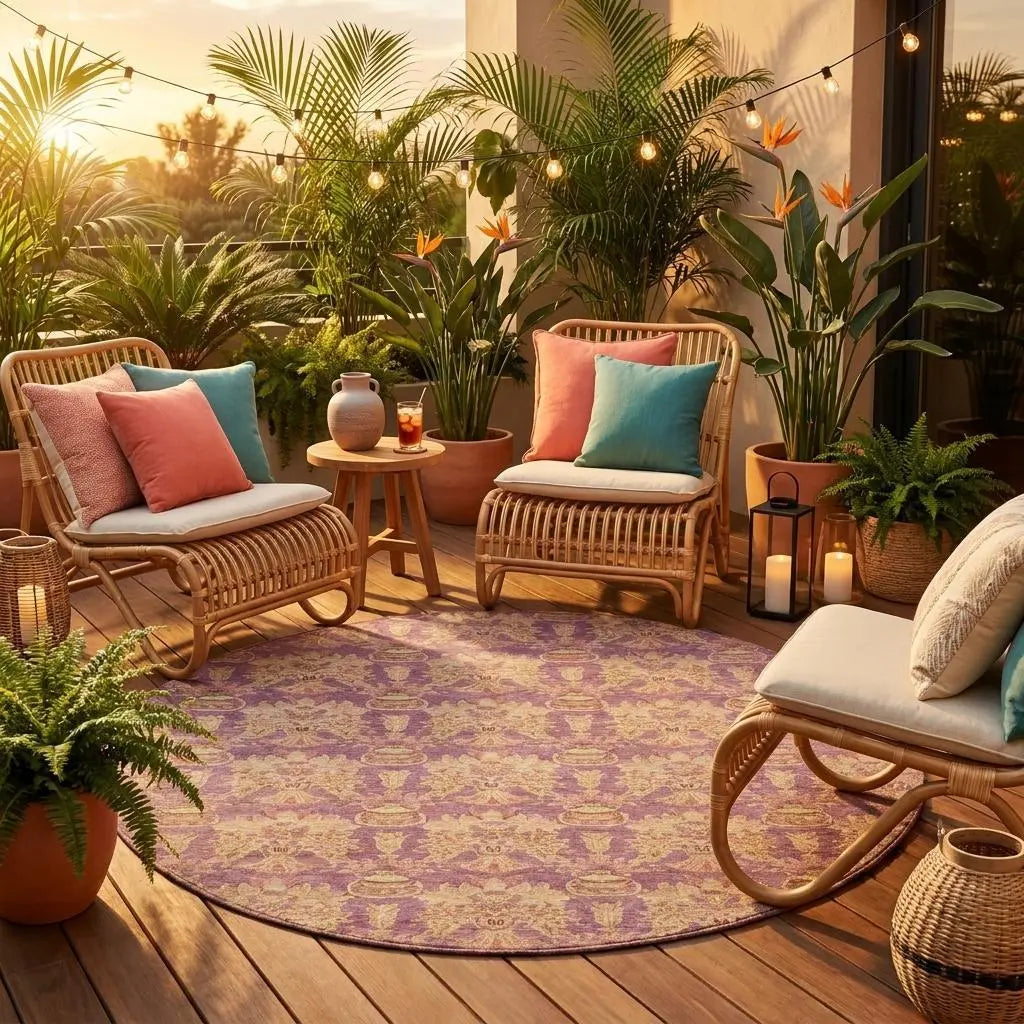 8' Mauve And Taupe Round Floral Washable Indoor Outdoor Area Rug Homeroots Outdoor