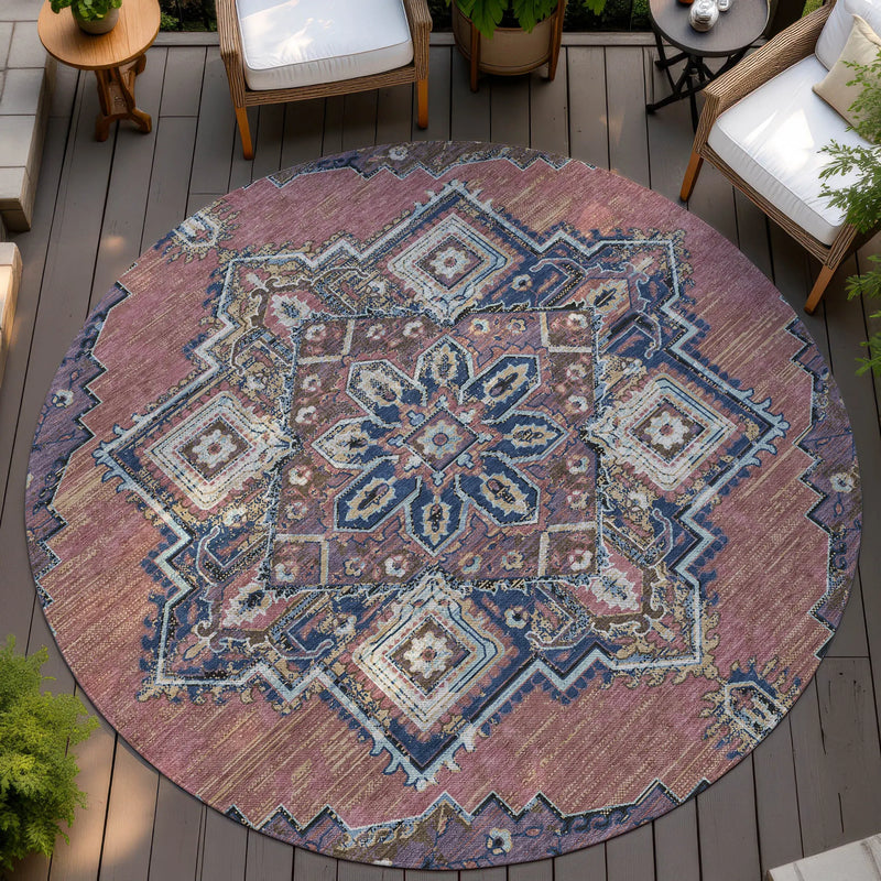 8' Merlot And Gold Round Oriental Washable Indoor Outdoor Area Rug Homeroots Outdoor