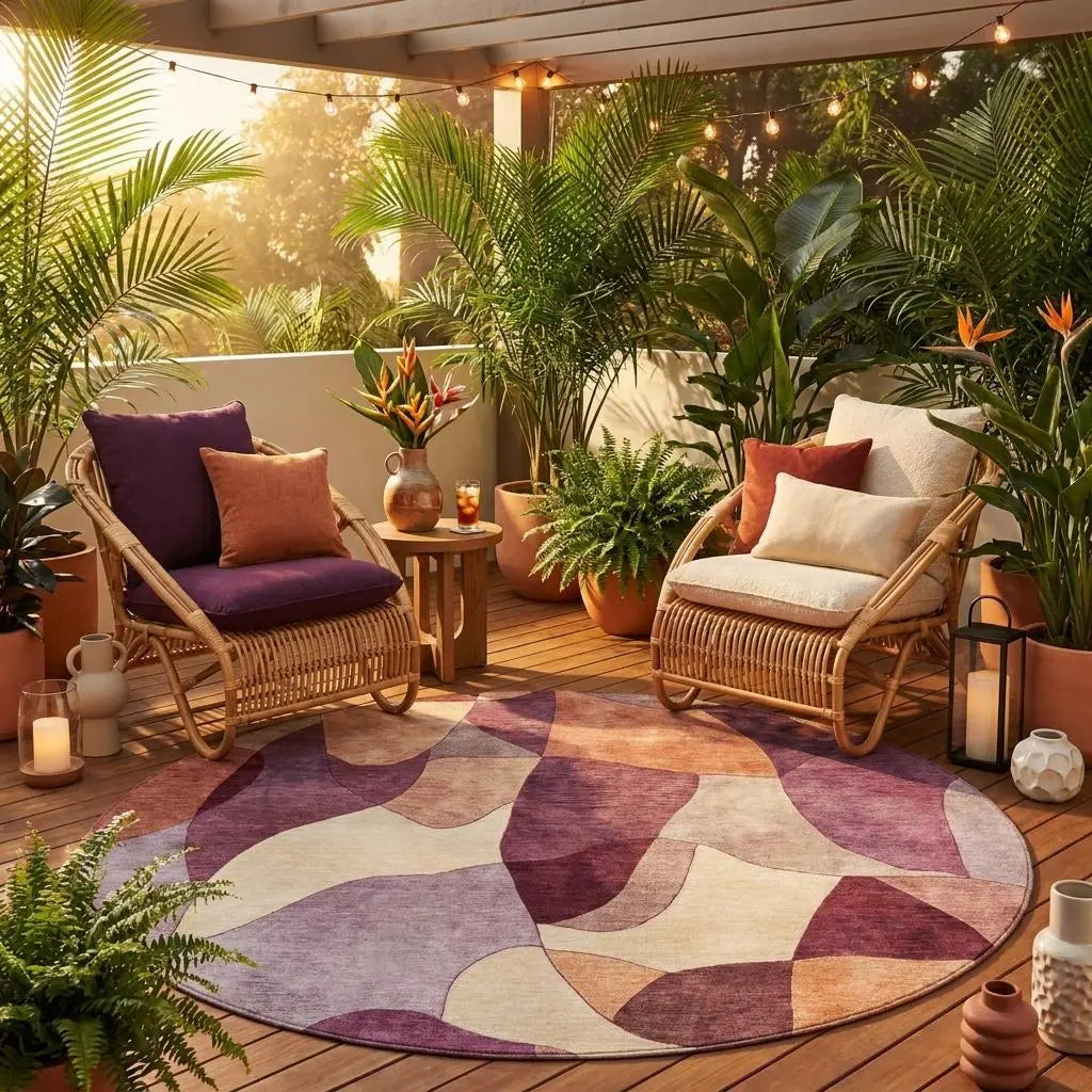 8' Merlot And Red Round Abstract Washable Indoor Outdoor Area Rug Homeroots Outdoor