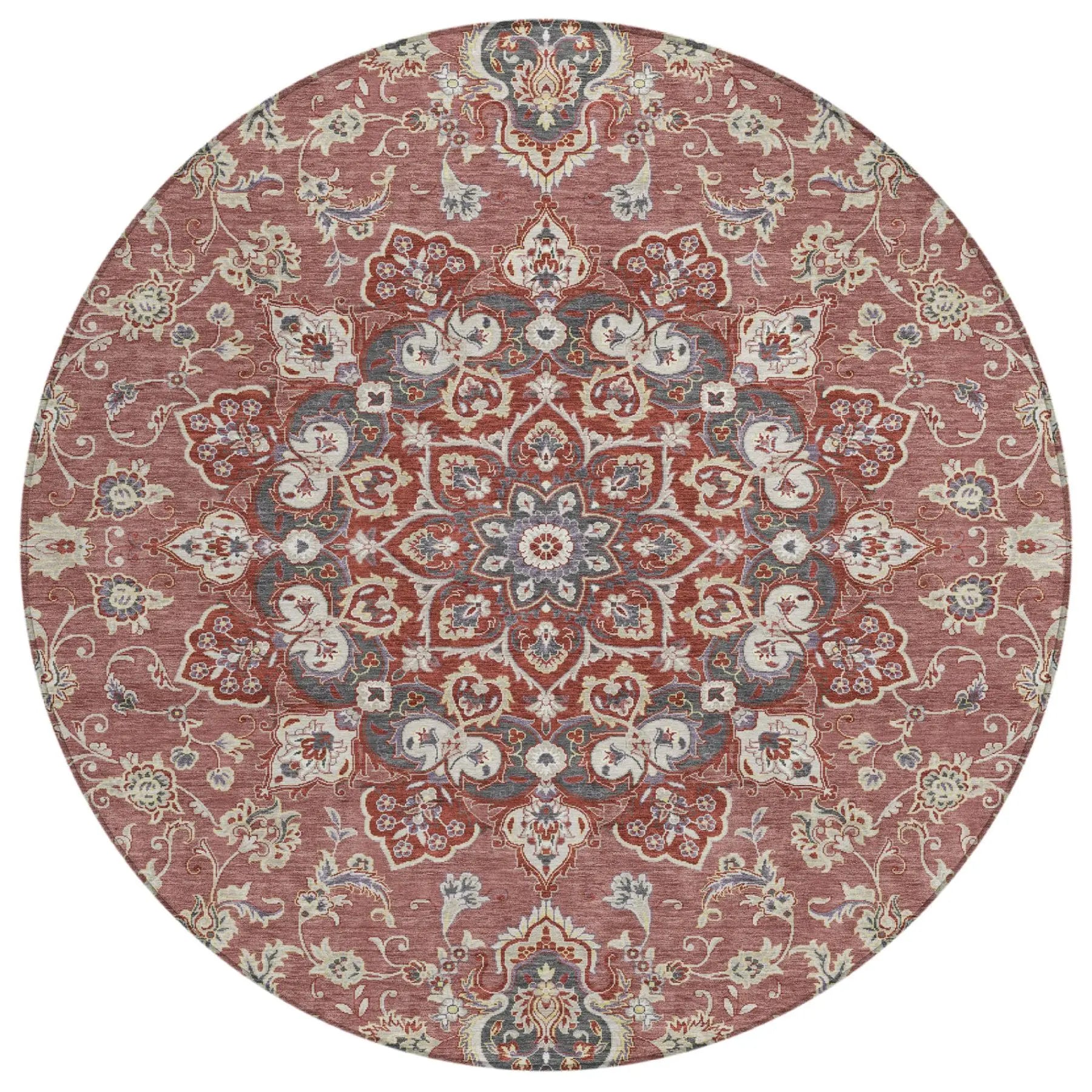 8' Merlot And Red Round Oriental Washable Indoor Outdoor Area Rug Homeroots Outdoor