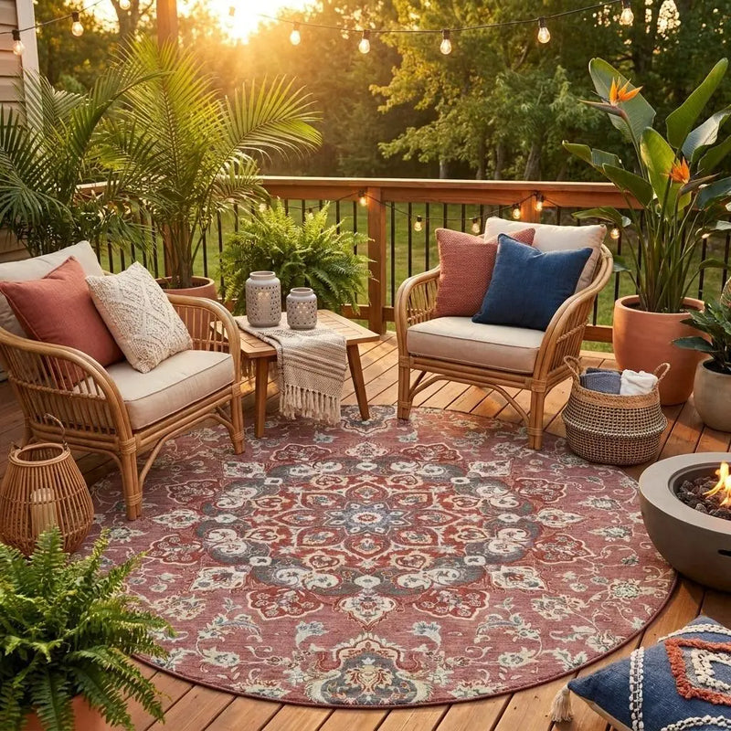 8' Merlot And Red Round Oriental Washable Indoor Outdoor Area Rug Homeroots Outdoor