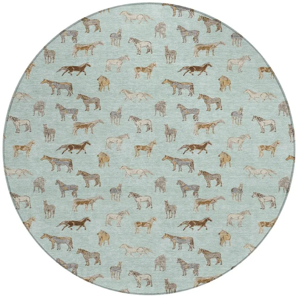 8' Mint Green And Beige Round Horse Washable Indoor Outdoor Area Rug Homeroots Outdoor