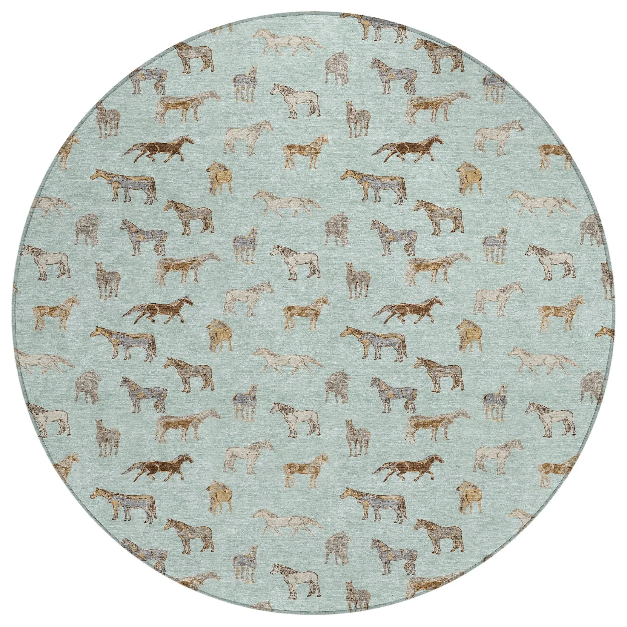 8' Mint Green And Beige Round Horse Washable Indoor Outdoor Area Rug Homeroots Outdoor
