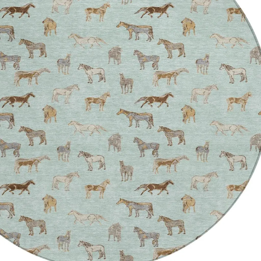 8' Mint Green And Beige Round Horse Washable Indoor Outdoor Area Rug Homeroots Outdoor