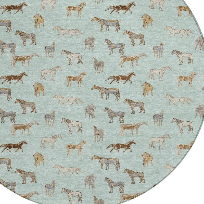 8' Mint Green And Beige Round Horse Washable Indoor Outdoor Area Rug Homeroots Outdoor