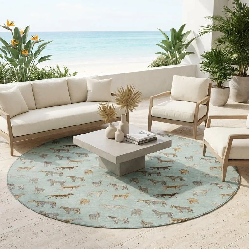 8' Mint Green And Beige Round Horse Washable Indoor Outdoor Area Rug Homeroots Outdoor
