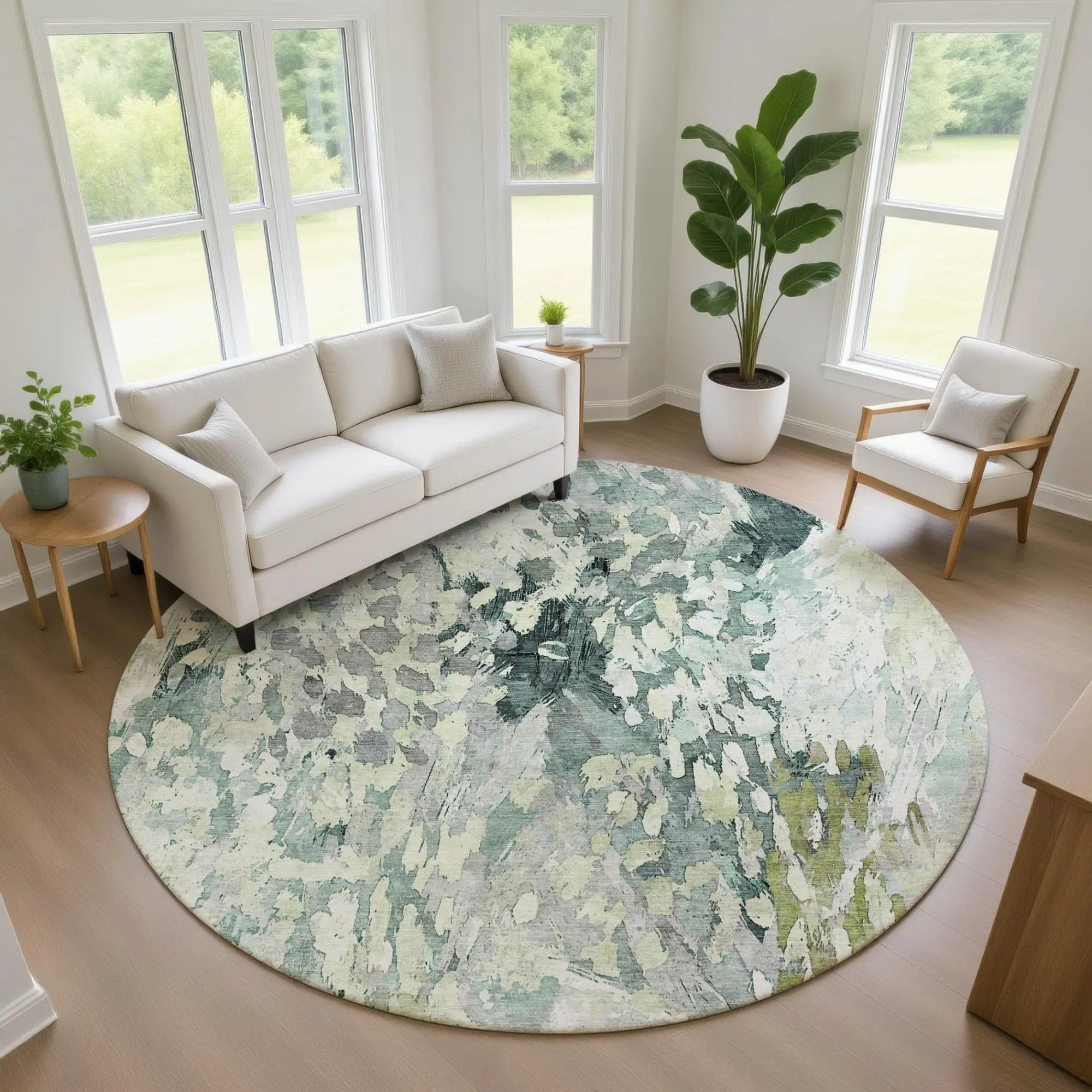 8' Mint Green And Green Round Abstract Washable Indoor Outdoor Area Rug Homeroots Outdoor