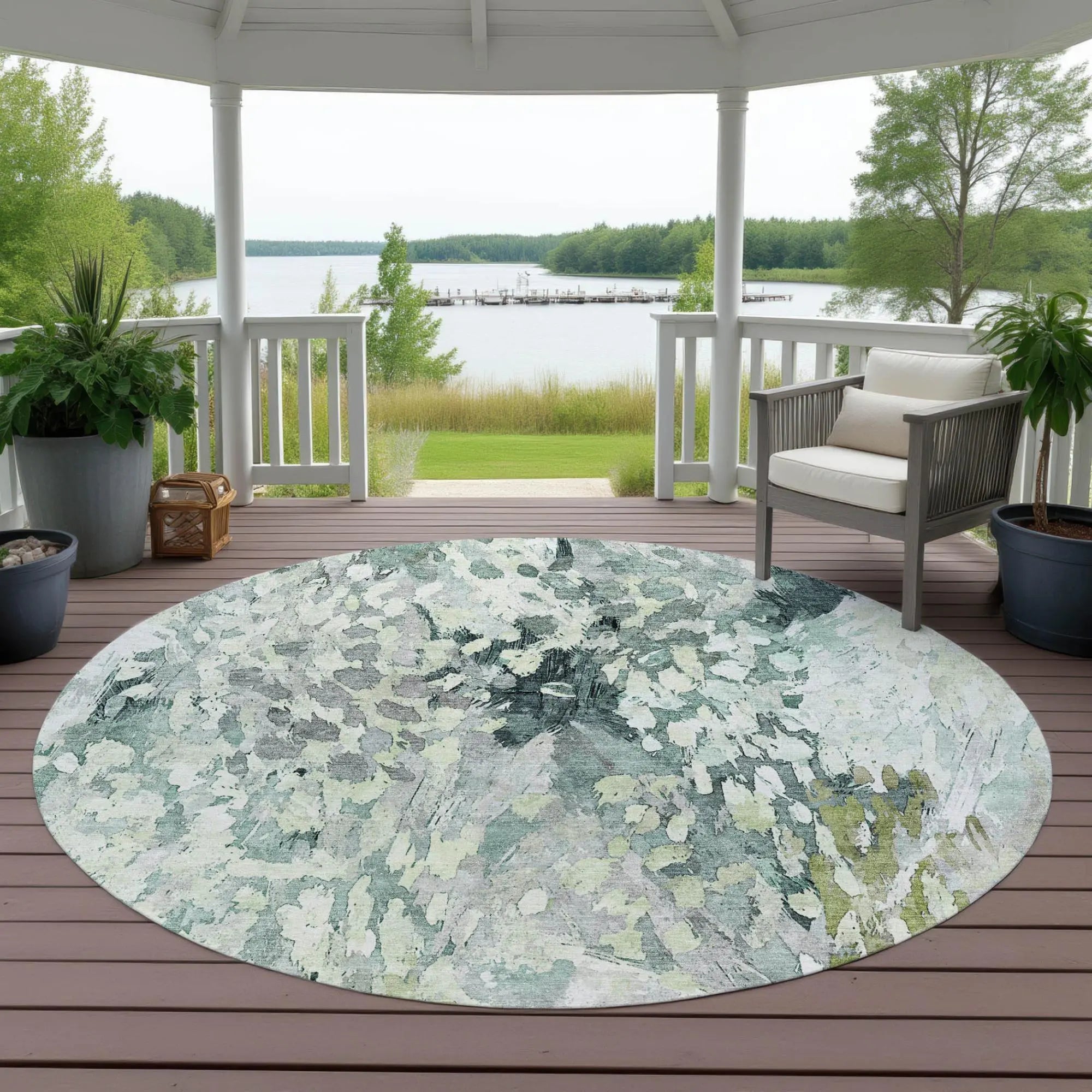 8' Mint Green And Green Round Abstract Washable Indoor Outdoor Area Rug Homeroots Outdoor