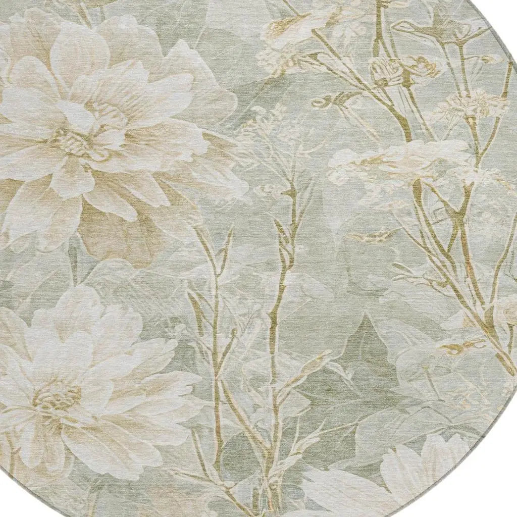 8' Mint Green And Green Round Floral Washable Indoor Outdoor Area Rug Homeroots Outdoor