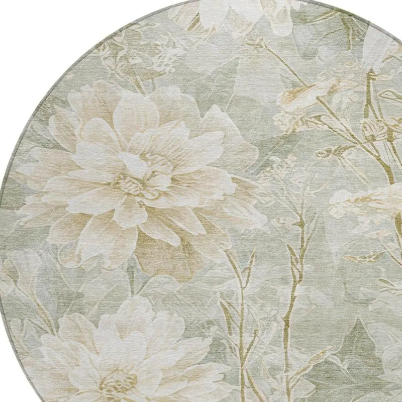 8' Mint Green And Green Round Floral Washable Indoor Outdoor Area Rug Homeroots Outdoor