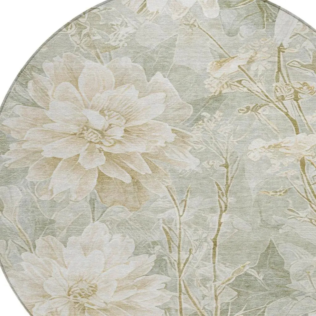 8' Mint Green And Green Round Floral Washable Indoor Outdoor Area Rug Homeroots Outdoor