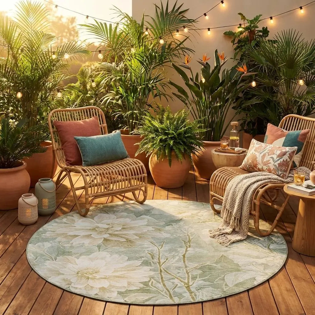 8' Mint Green And Green Round Floral Washable Indoor Outdoor Area Rug Homeroots Outdoor