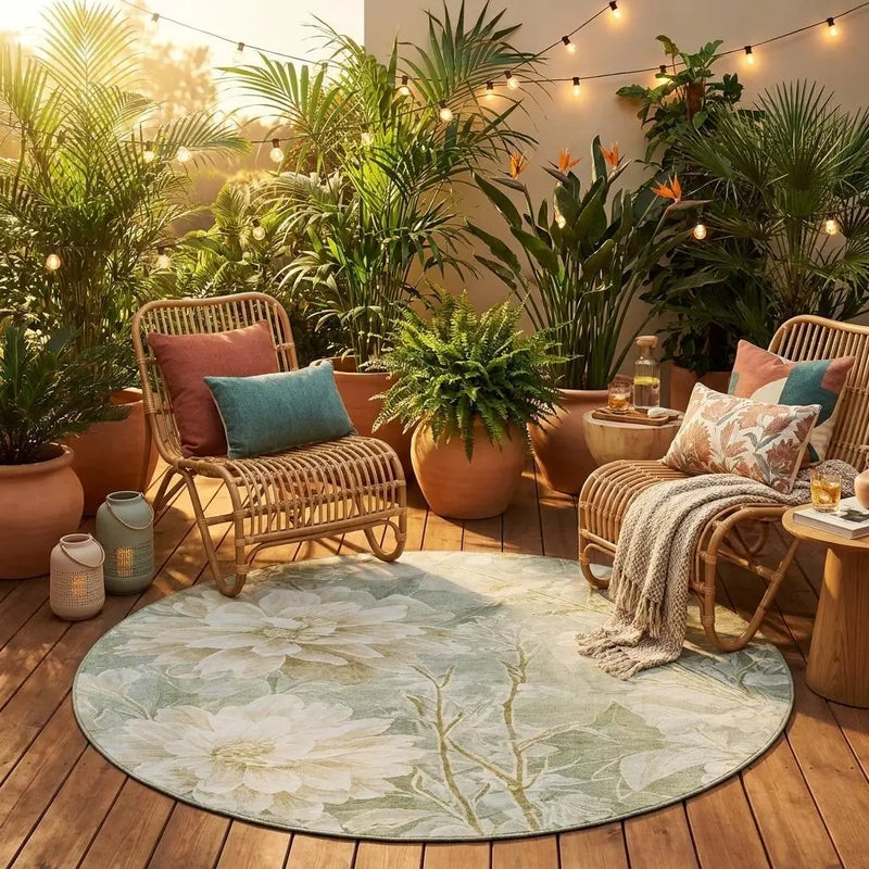 8' Mint Green And Green Round Floral Washable Indoor Outdoor Area Rug Homeroots Outdoor