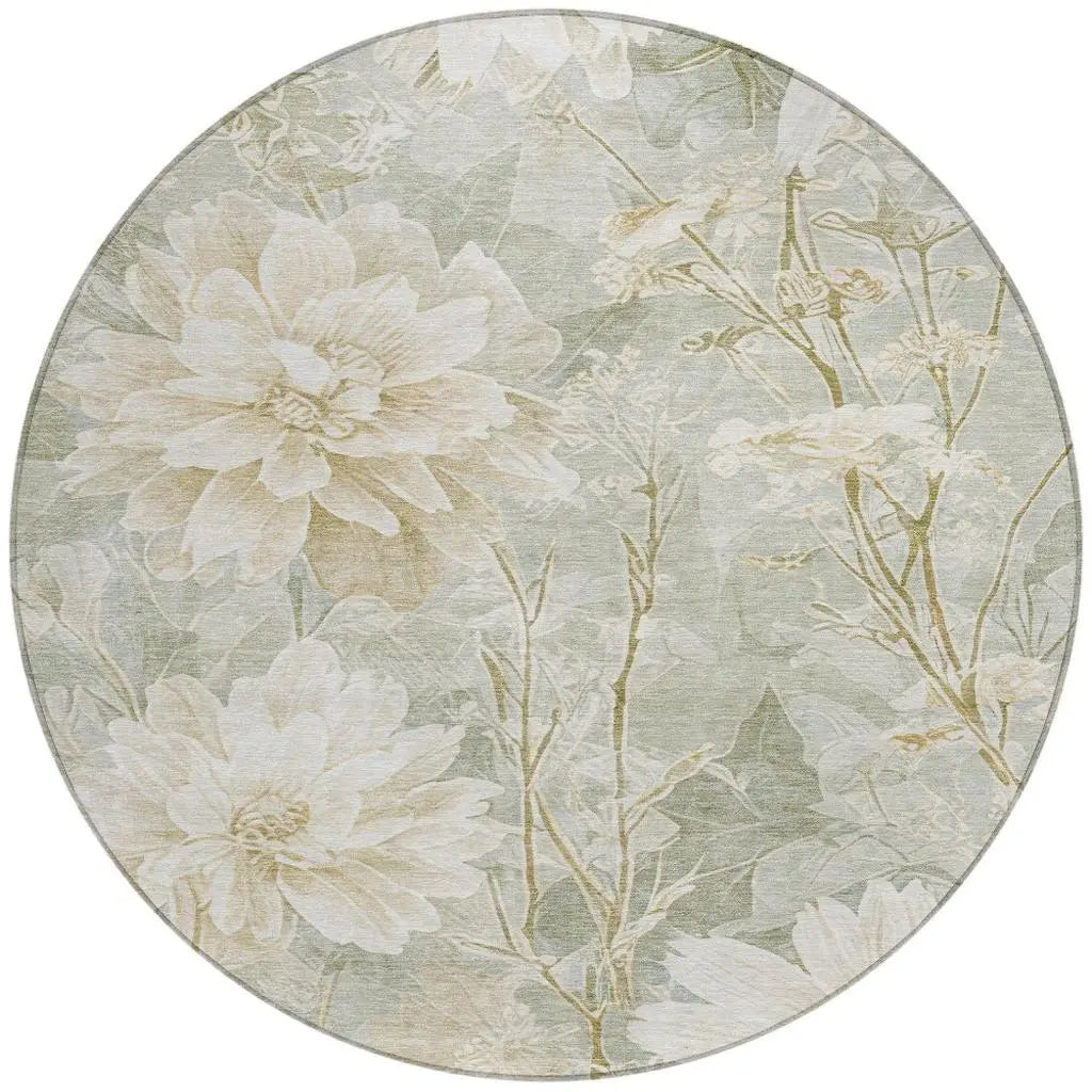 8' Mint Green And Green Round Floral Washable Indoor Outdoor Area Rug Homeroots Outdoor