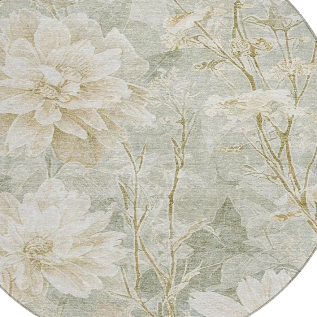 8' Mint Green And Green Round Floral Washable Indoor Outdoor Area Rug Homeroots Outdoor