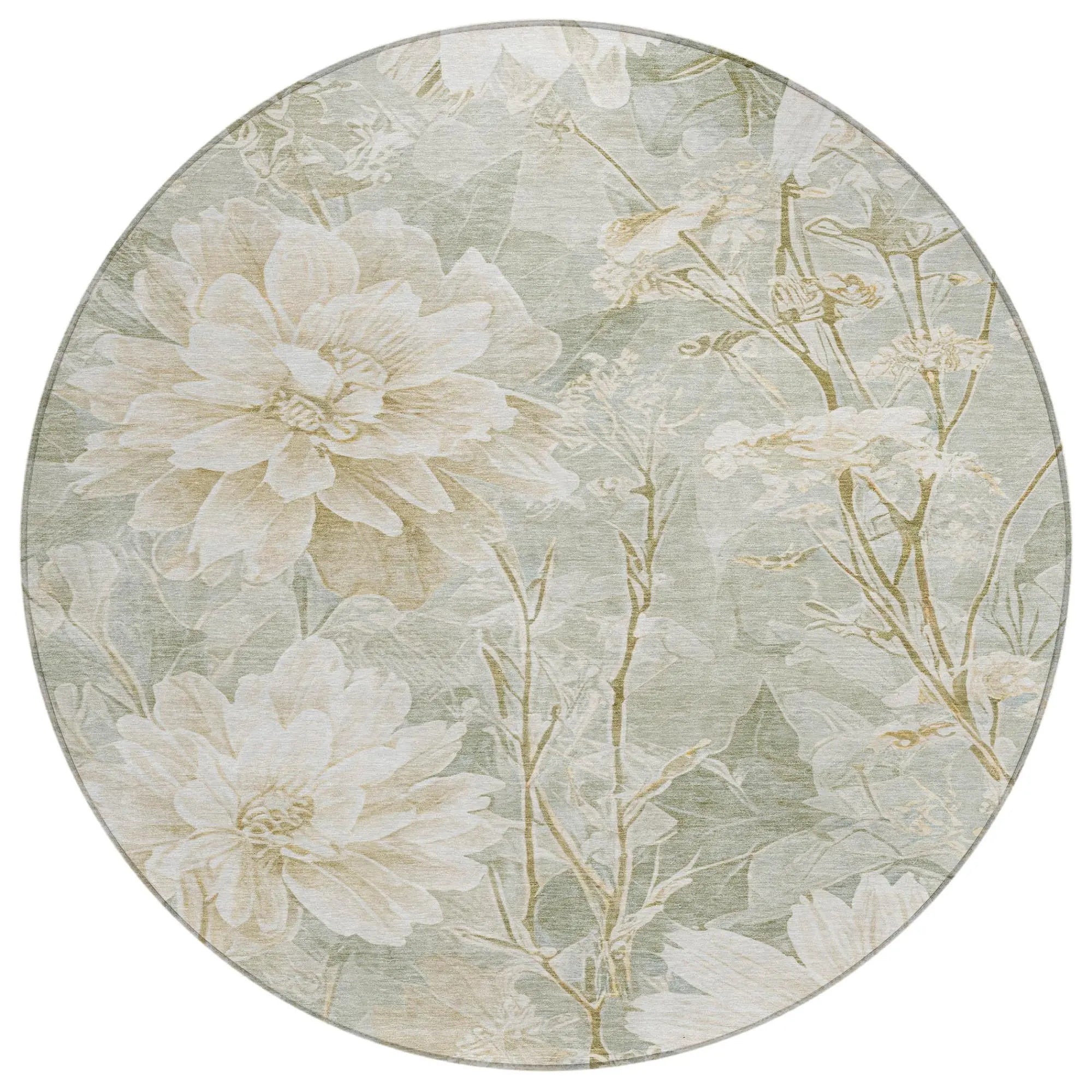 8' Mint Green And Green Round Floral Washable Indoor Outdoor Area Rug Homeroots Outdoor