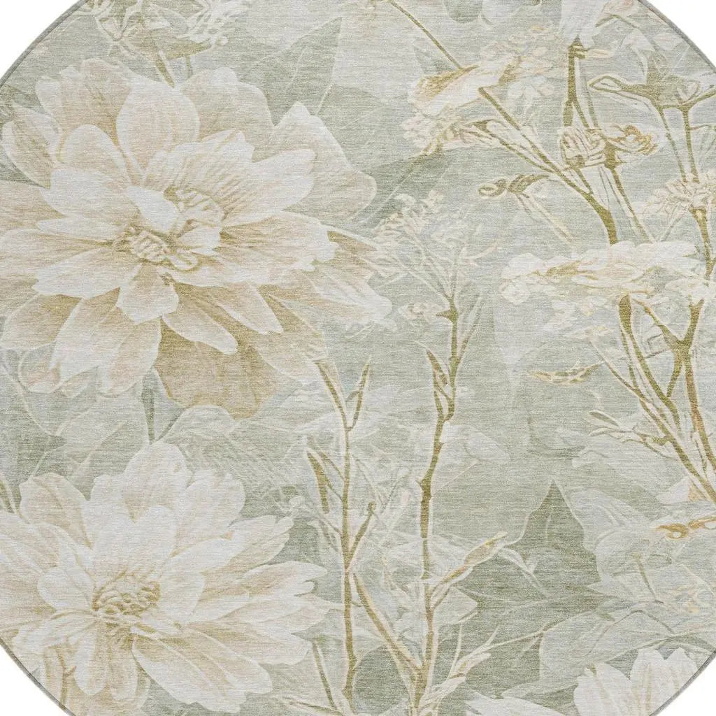 8' Mint Green And Green Round Floral Washable Indoor Outdoor Area Rug Homeroots Outdoor