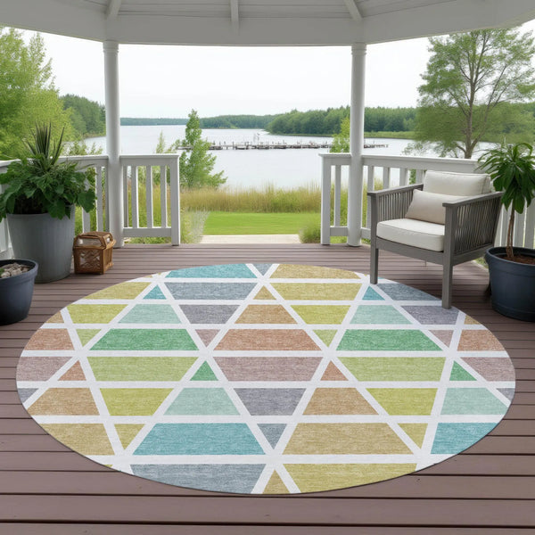8' Mint Green And Green Round Geometric Washable Indoor Outdoor Area Rug Homeroots Outdoor