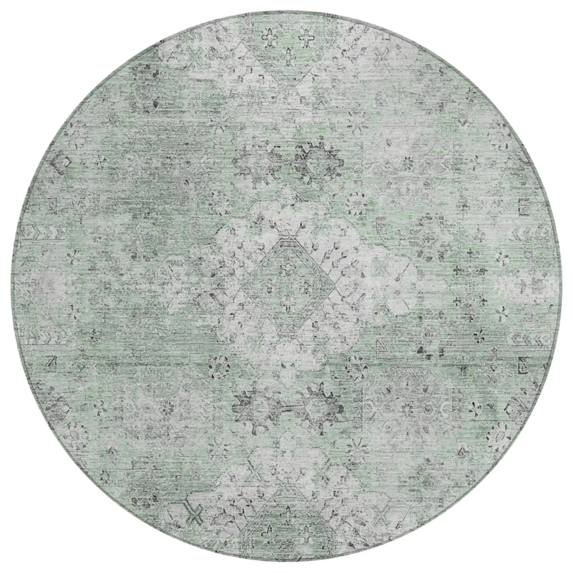 8' Mint Green And Green Round Oriental Washable Indoor Outdoor Area Rug Homeroots Outdoor