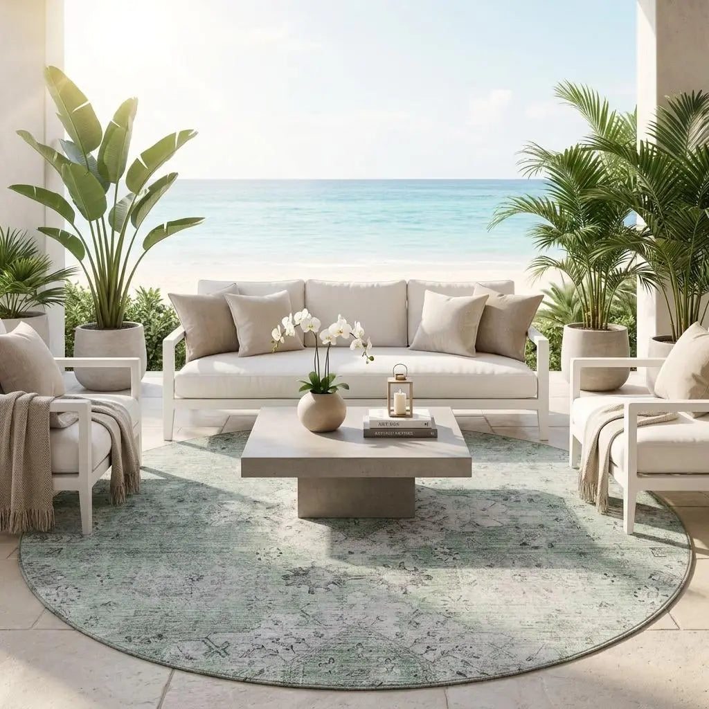 8' Mint Green And Green Round Oriental Washable Indoor Outdoor Area Rug Homeroots Outdoor