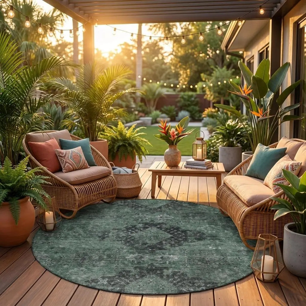 8' Mint Green And Green Round Oriental Washable Indoor Outdoor Area Rug Homeroots Outdoor
