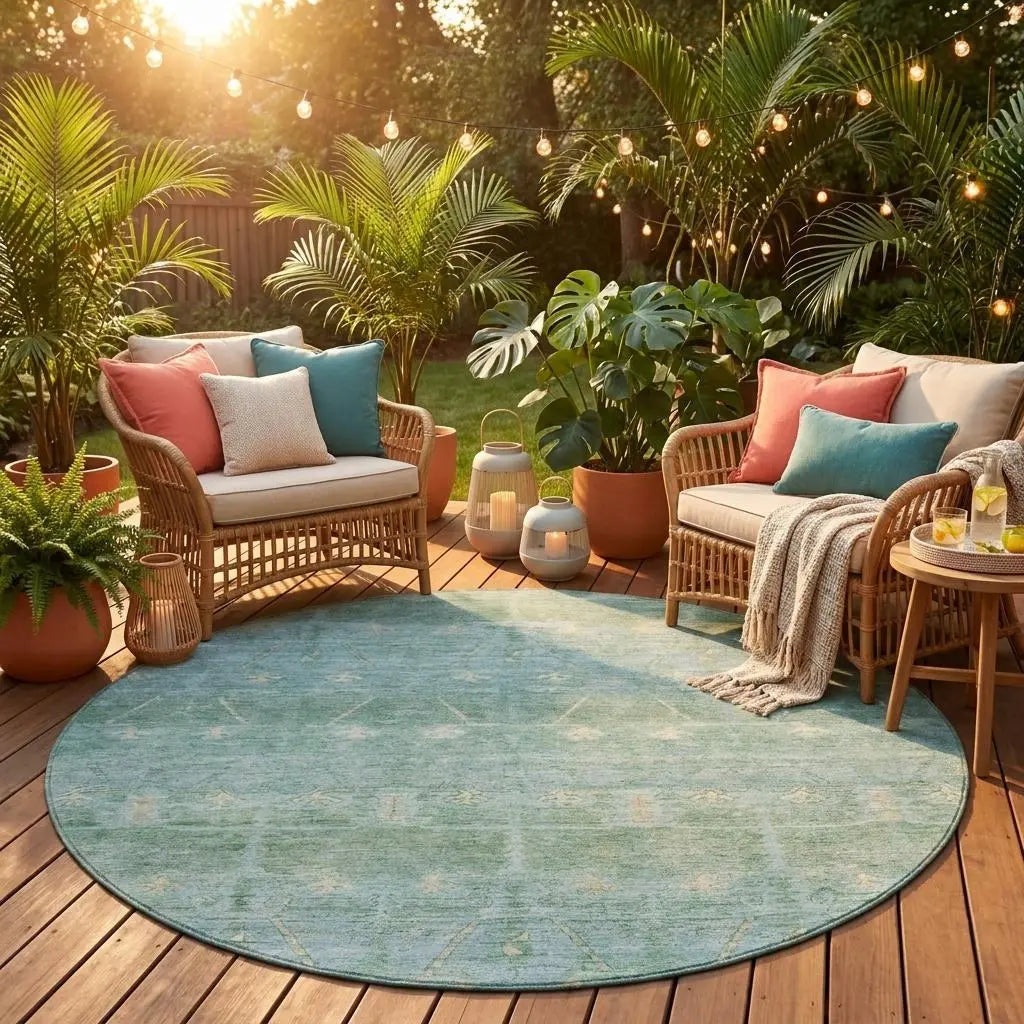 8' Mint Green And Green Round Tribal Washable Indoor Outdoor Area Rug Homeroots Outdoor