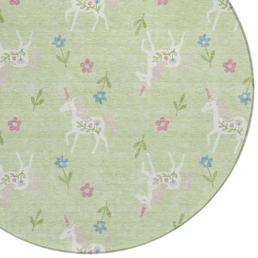 8' Mint Green And Ivory Round Floral Washable Indoor Outdoor Area Rug Homeroots Outdoor